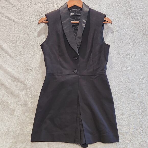 Zara Womens Black Sleeveless 2 Button Vest Romper Size Medium Festival Event - Picture 1 of 13